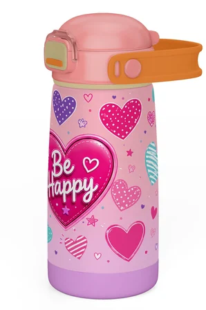 Puccon 420 ml Pembe Kalp Desenli Bey Happy Yazılı Kız Çocuk Çelik Okul Matarası - 60020