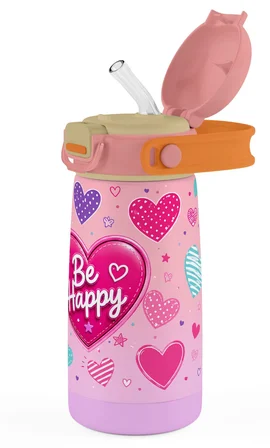 Puccon 420 ml Pembe Kalp Desenli Bey Happy Yazılı Kız Çocuk Çelik Okul Matarası - 60020