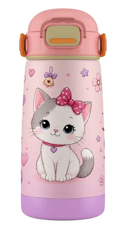 Puccon 420 ml Pembe Sevimli Kedi Baskılı Kız Çocuk İçin Paslanmaz Çelik Termos / Suluk - 60023