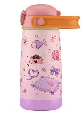 Puccon 420 ml Pembe Sevimli Kedi Baskılı Kız Çocuk İçin Paslanmaz Çelik Termos / Suluk - 60023