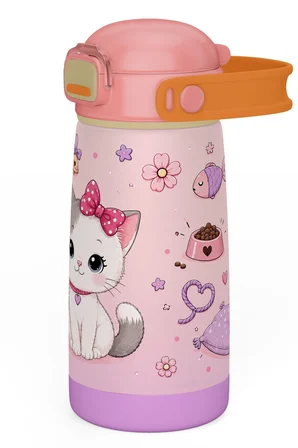 Puccon 420 ml Pembe Sevimli Kedi Baskılı Kız Çocuk İçin Paslanmaz Çelik Termos / Suluk - 60023