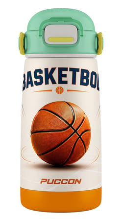 Puccon 420 ml Yeşil Kahverengi Basketbol Baskılı Pipetli Erkek Çocuk Çelik Matara Suluk - 60027