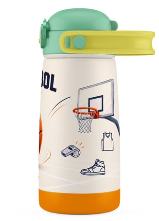 Puccon 420 ml Yeşil Kahverengi Basketbol Baskılı Pipetli Erkek Çocuk Çelik Matara Suluk - 60027