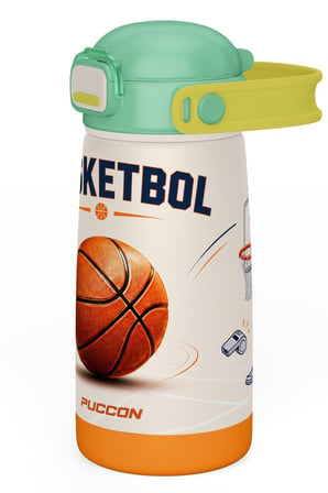 Puccon 420 ml Yeşil Kahverengi Basketbol Baskılı Pipetli Erkek Çocuk Çelik Matara Suluk - 60027