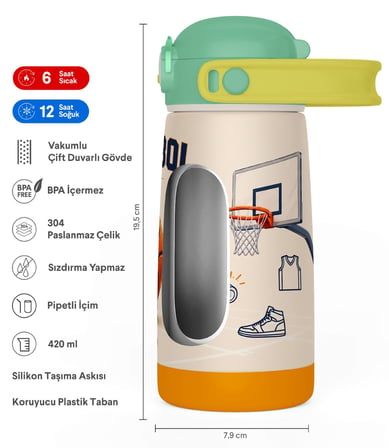 Puccon 420 ml Yeşil Kahverengi Basketbol Baskılı Pipetli Erkek Çocuk Çelik Matara Suluk - 60027