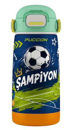 Puccon 420 ml Erkek Çocuk Lacivert Yeşil Futbol Topu Baskılı Pipetli Çelik Okul Suluğu Matarası - 60029