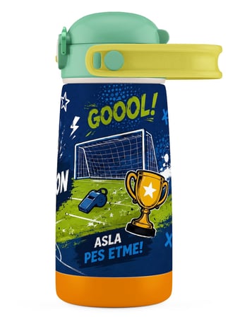Puccon 420 ml Erkek Çocuk Lacivert Yeşil Futbol Topu Baskılı Pipetli Çelik Okul Suluğu Matarası - 60029