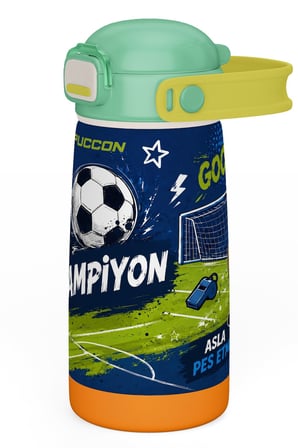 Puccon 420 ml Erkek Çocuk Lacivert Yeşil Futbol Topu Baskılı Pipetli Çelik Okul Suluğu Matarası - 60029