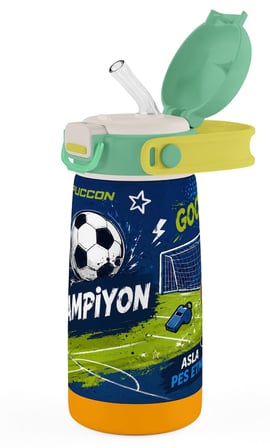 Puccon 420 ml Erkek Çocuk Lacivert Yeşil Futbol Topu Baskılı Pipetli Çelik Okul Suluğu Matarası - 60029