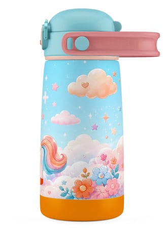 Puccon 420 ml Kız Çocuk Turkuaz Unicorn Baskılı Okul Matarası Çelik Matara - 60030 - Silikon Pipetli