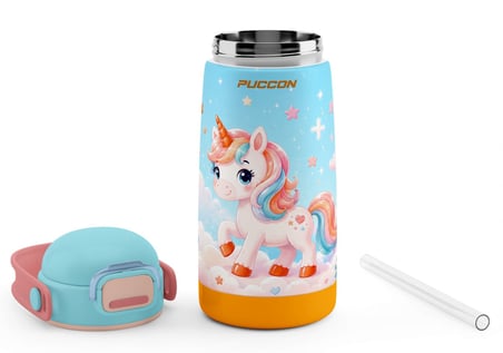 Puccon 420 ml Kız Çocuk Turkuaz Unicorn Baskılı Okul Matarası Çelik Matara - 60030 - Silikon Pipetli