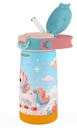 Puccon 420 ml Kız Çocuk Turkuaz Unicorn Baskılı Okul Matarası Çelik Matara - 60030 - Silikon Pipetli