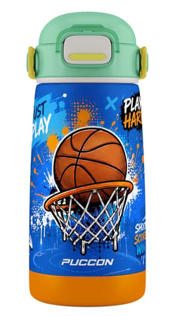 Puccon 420 ml Erkek Çocuk Basketbol Baskılı Mavi Kahverengi Çelik Matara Termos - Sızdırma - 60031
