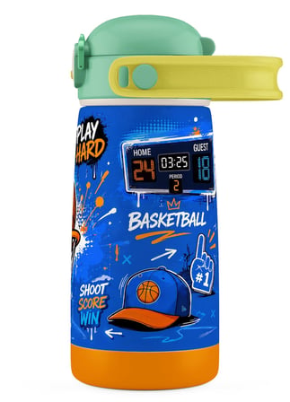 Puccon 420 ml Erkek Çocuk Basketbol Baskılı Mavi Kahverengi Çelik Matara Termos - Sızdırma - 60031