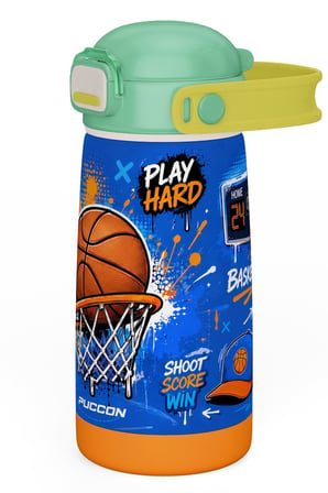 Puccon 420 ml Erkek Çocuk Basketbol Baskılı Mavi Kahverengi Çelik Matara Termos - Sızdırma - 60031