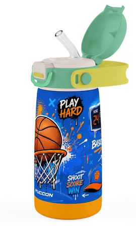 Puccon 420 ml Erkek Çocuk Basketbol Baskılı Mavi Kahverengi Çelik Matara Termos - Sızdırma - 60031
