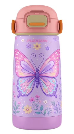 Puccon 420 ml Lila Pembe Kelebek Desenli Kız Çocuk Pipetli Çelik Termos/Suluk/Matara - Kırılmaz - 60032