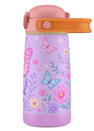 Puccon 420 ml Lila Pembe Kelebek Desenli Kız Çocuk Pipetli Çelik Termos/Suluk/Matara - Kırılmaz - 60032