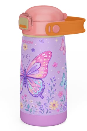 Puccon 420 ml Lila Pembe Kelebek Desenli Kız Çocuk Pipetli Çelik Termos/Suluk/Matara - Kırılmaz - 60032