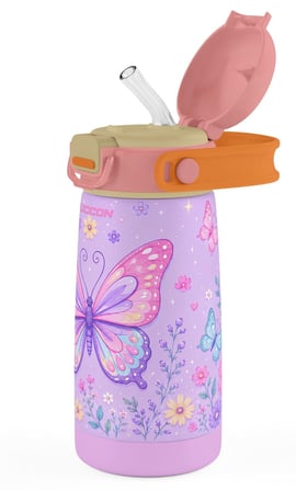 Puccon 420 ml Lila Pembe Kelebek Desenli Kız Çocuk Pipetli Çelik Termos/Suluk/Matara - Kırılmaz - 60032