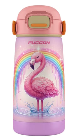 Puccon Kız Çocuk Pipetli 420 ml Matara Suluk Termos - Pembe Lila Flamingo Desenli Taşıma Askılı 60033