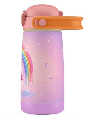 Puccon Kız Çocuk Pipetli 420 ml Matara Suluk Termos - Pembe Lila Flamingo Desenli Taşıma Askılı 60033