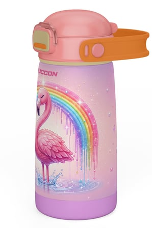 Puccon Kız Çocuk Pipetli 420 ml Matara Suluk Termos - Pembe Lila Flamingo Desenli Taşıma Askılı 60033