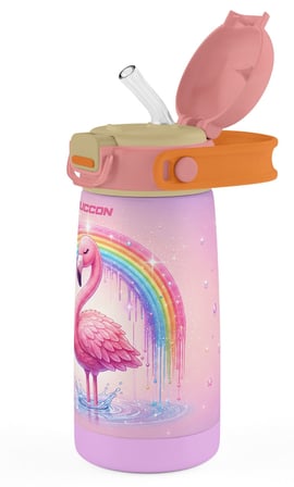 Puccon Kız Çocuk Pipetli 420 ml Matara Suluk Termos - Pembe Lila Flamingo Desenli Taşıma Askılı 60033