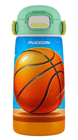 Puccon Erkek Çocuk Basketbol Baskılı Taşıma Askılı 420 ml Çelik Matara Termos - Turuncu Yeşil Basketbol Topu 60036