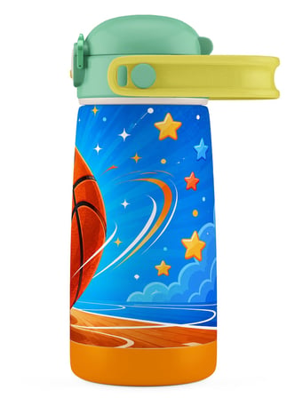 Puccon Erkek Çocuk Basketbol Baskılı Taşıma Askılı 420 ml Çelik Matara Termos - Turuncu Yeşil Basketbol Topu 60036