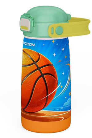 Puccon Erkek Çocuk Basketbol Baskılı Taşıma Askılı 420 ml Çelik Matara Termos - Turuncu Yeşil Basketbol Topu 60036