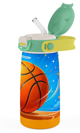 Puccon Erkek Çocuk Basketbol Baskılı Taşıma Askılı 420 ml Çelik Matara Termos - Turuncu Yeşil Basketbol Topu 60036