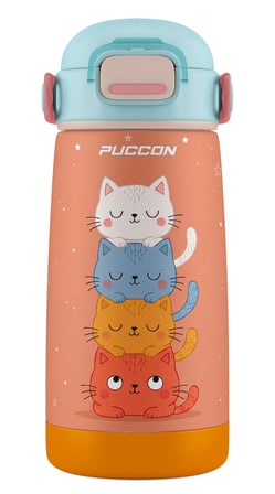 Puccon Kız Çocuk Pipetli 420 ml Paslanmaz Çelik Okul Termosu Matarası -Turuncu - Silikon Taşıma Askılı 60037