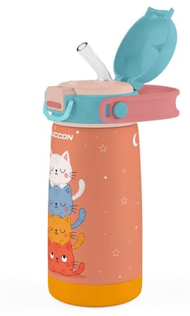 Puccon Kız Çocuk Pipetli 420 ml Paslanmaz Çelik Okul Termosu Matarası -Turuncu - Silikon Taşıma Askılı 60037