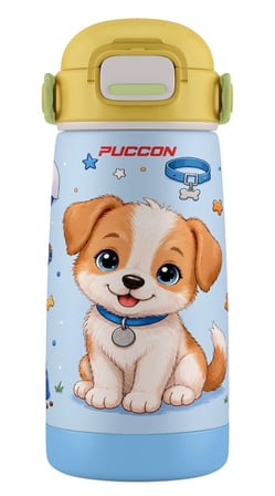 Puccon Çocuk Çelik Matara Pipetli 420 ml Termos - Sarı Mavi Sevimli Köpek Baskılı 60038