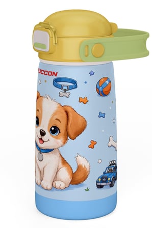 Puccon Çocuk Çelik Matara Pipetli 420 ml Termos - Sarı Mavi Sevimli Köpek Baskılı 60038