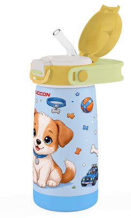 Puccon Çocuk Çelik Matara Pipetli 420 ml Termos - Sarı Mavi Sevimli Köpek Baskılı 60038
