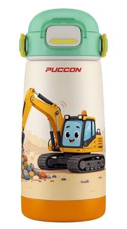 Puccon Erkek Çocuk Yeşil Sarı İş Makinesi Desenli 420 ml Pipetli Çelik Matara Termos (Sızdırma Yapmaz) 60040