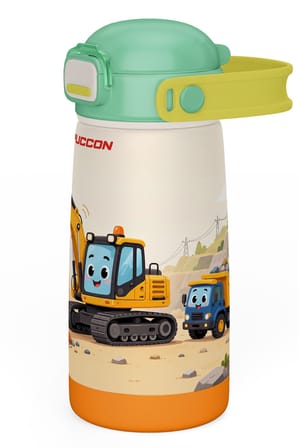 Puccon Erkek Çocuk Yeşil Sarı İş Makinesi Desenli 420 ml Pipetli Çelik Matara Termos (Sızdırma Yapmaz) 60040