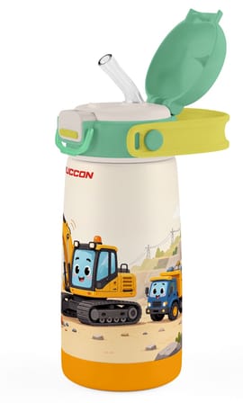 Puccon Erkek Çocuk Yeşil Sarı İş Makinesi Desenli 420 ml Pipetli Çelik Matara Termos (Sızdırma Yapmaz) 60040