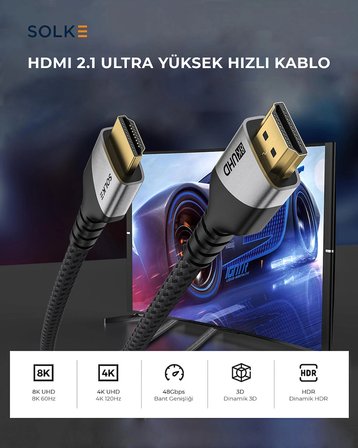HDMI 2.1 Kablo 2 Metre UHD 8K 60Hz 4K 120Hz 48Gbps HDR eARC HDCP TV Monitör PS5 Xbox Görüntü Kablosu Örgülü Alüminyum