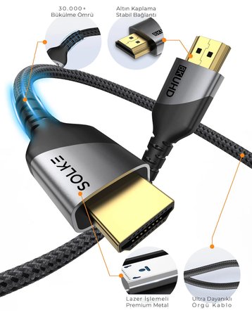 HDMI 2.1 Kablo UHD 3 Metre 8K 60Hz 4K 120Hz 48Gbps HDR eARC HDCP TV Monitör PS5 Xbox Görüntü Kablosu Örgülü Alüminyum