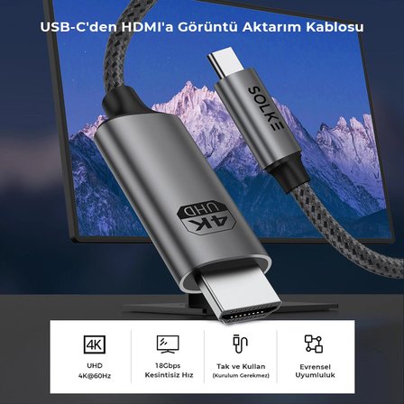Solke Type-C To HDMI Kablo 2 Metre 4K 60Hz 18GBPS Örgülü Alüminyum Görüntü Aktarma Kablosu