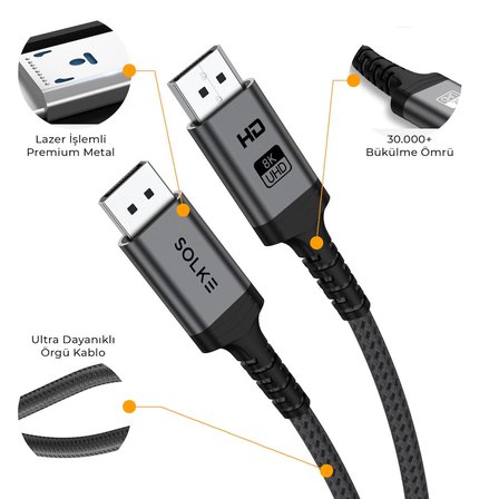 SOLKE DisplayPort 1.4 Kablo 2M – 8K 60Hz 4K 144Hz 2K 240Hz 32.4Gbps G-Sync FreeSync Uyumlu Oyuncu Monitör Kablosu, Örgülü Alüminyum