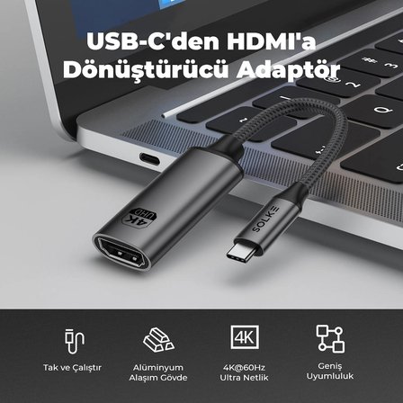 SOLKE USB-C to HDMI Adaptör 0.2 Metre 4K 60Hz Type-C to HDMI Çevirici Dönüştürücü Kablo Thunderbolt 3/4 Macbook Uyumlu