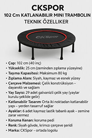102CM Katlanabilir Trambolin – Taşınabilir Egzersiz Kırmızı Trambolini