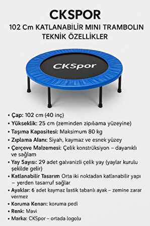 102CM Katlanabilir Trambolin – Taşınabilir Egzersiz Mavi Trambolini