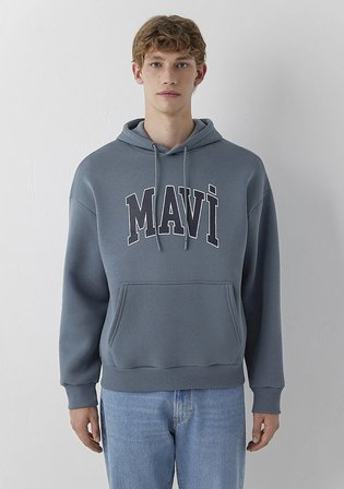 Mavi Logo Baskılı Kapüşonlu Gri Sweatshirt 067149-80889
