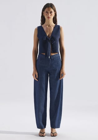 Tıya Mavi Edition Keten Karışımlı Çizgili Jean Pantolon 1018900-A4227