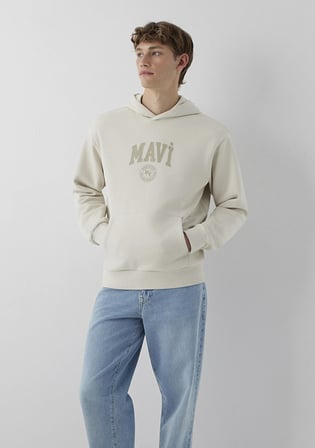 Mavi Logo Baskılı Kapüşonlu Bej Sweatshirt 0S10646-70144